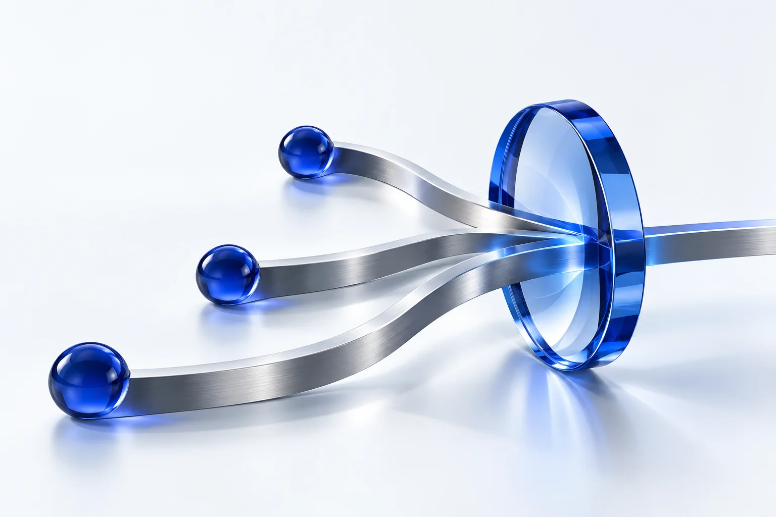 Cobalt spheres moving along silver paths through a focusing lens, an illustration of focused marketing strategy